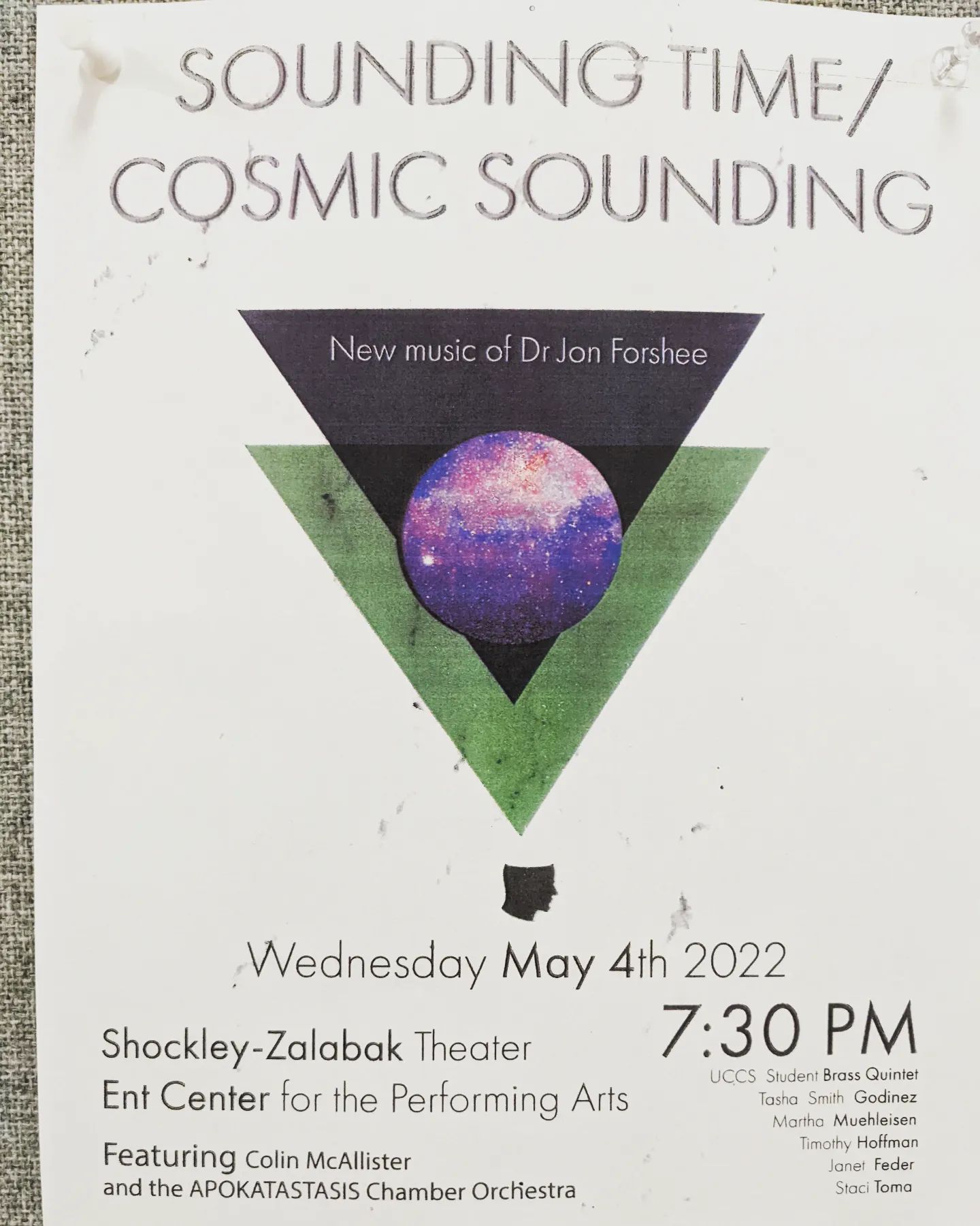 While it's still on the wall at the Ent Center, Robin Richardson's amazing poster for my solo recital, "Sounding Time / Cosmic Sounding", on May 4th...an amazing experience, seems like just yesterday!